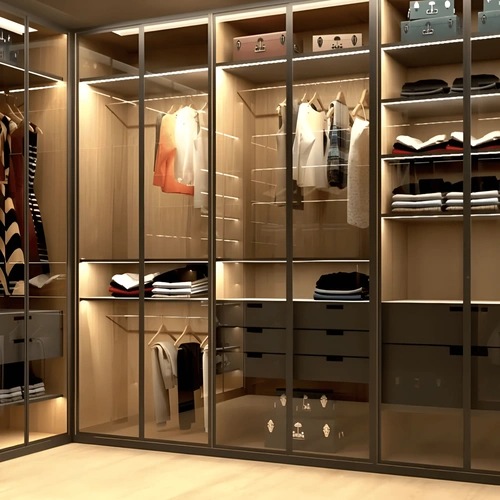 Mirror Wardrobe with Glass Sections and LED Lighting