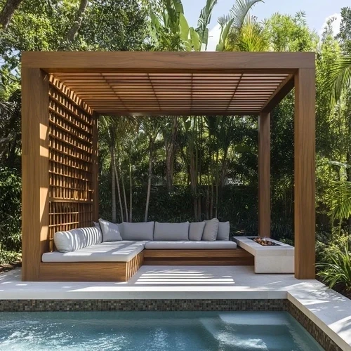 Slim Pergola Cabana with Built-in Seating