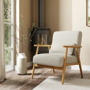 Alpine Boucle Spindle Wooden Arm Accent Chair | Modern Boucle Chair